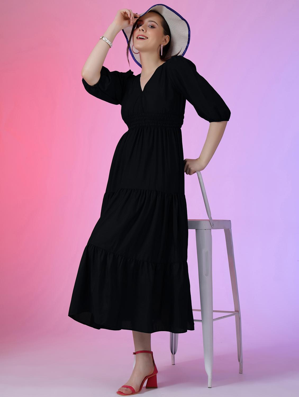 women solid puff sleeve tiered maxi dress