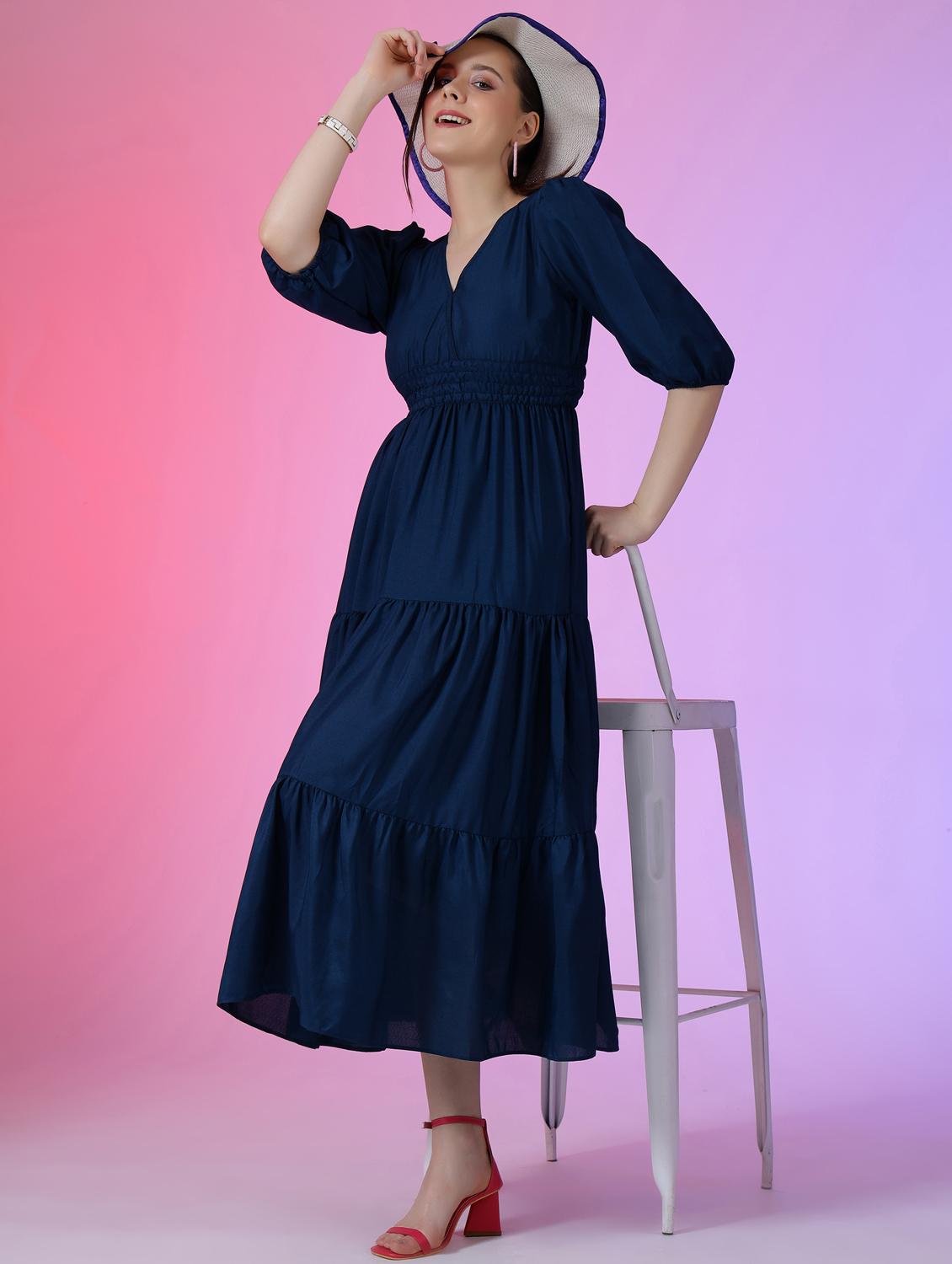 women solid puff sleeve tiered maxi dress