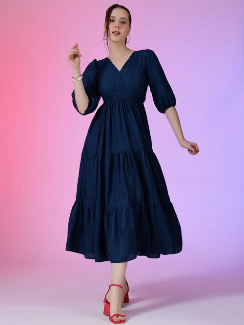 women solid puff sleeve tiered dress - 21972900 - Standard Image - 0