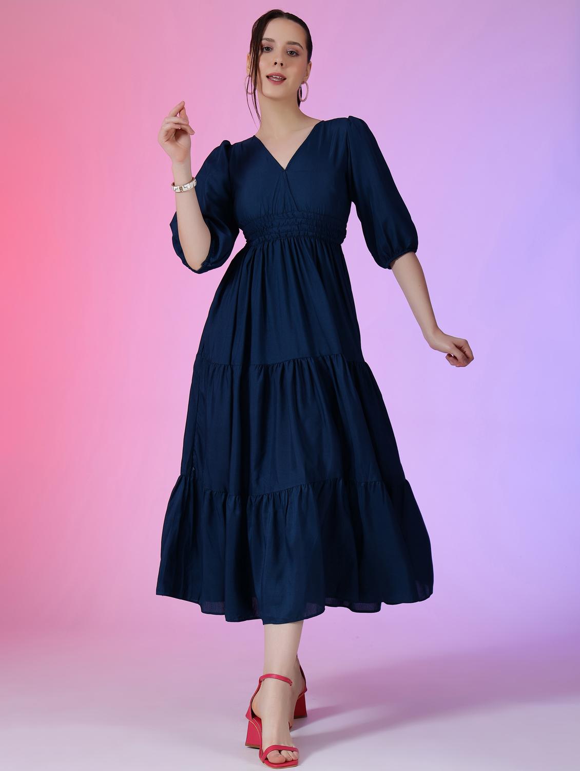 women solid puff sleeve tiered dress - 21972900 - Zoom Image - 0