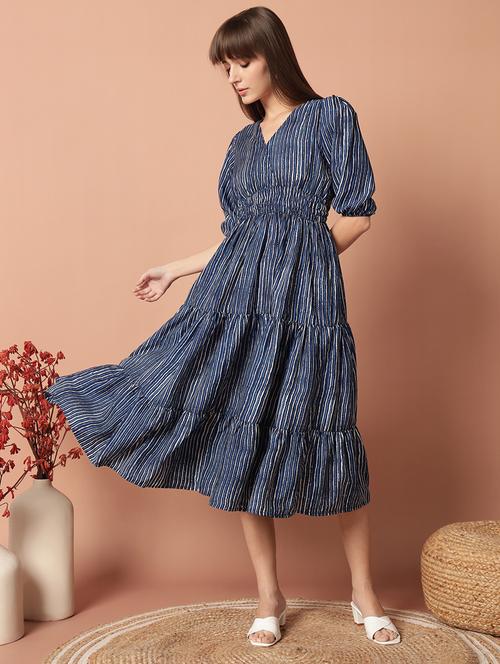 women printed puff sleeve tiered midi dress - 21972903 - Standard Image - 0
