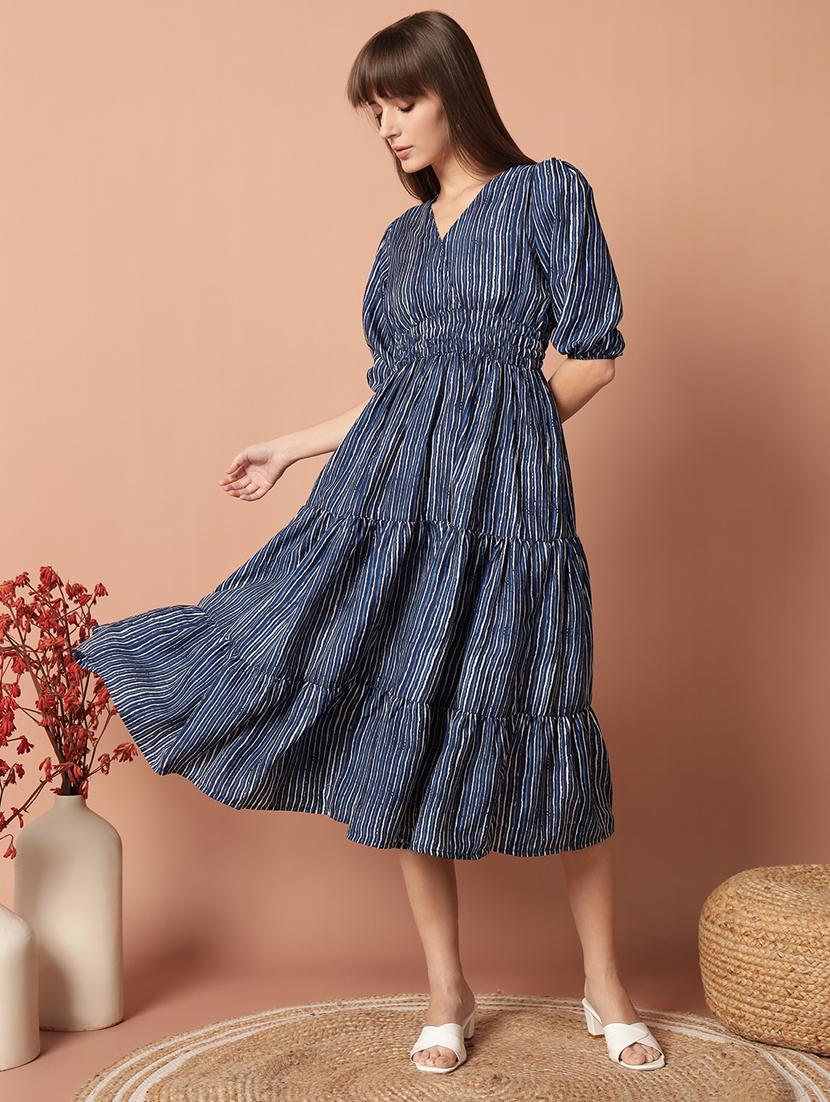women printed puff sleeve tiered midi dress - 21972903 - Zoom Image - 0