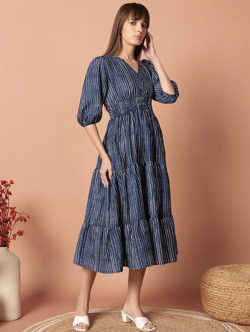 women printed puff sleeve tiered midi dress - 21972905 - Standard Image - 0