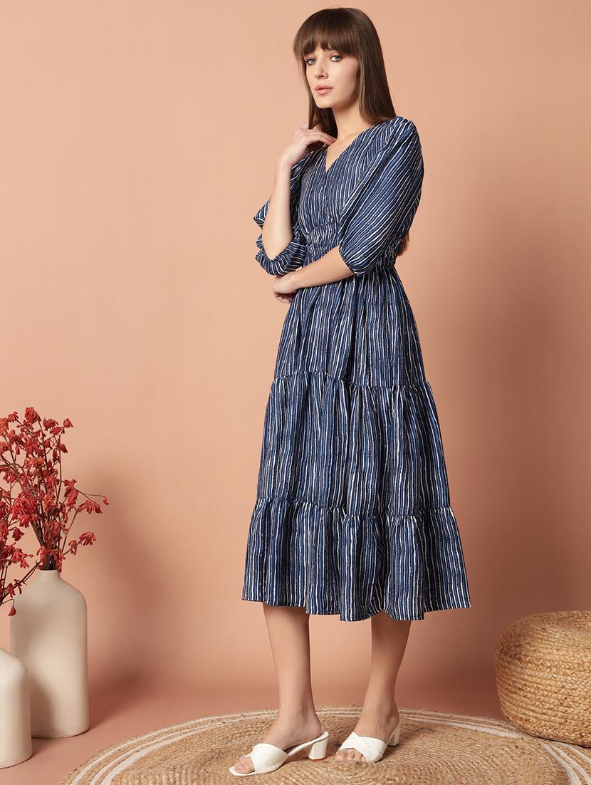 women printed puff sleeve tiered midi dress - 21972905 -  Standard Image - 1