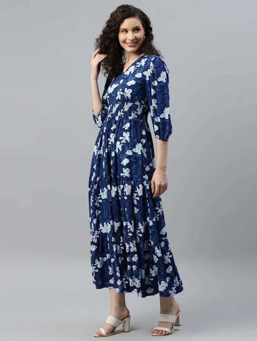 women printed puff sleeve tiered maxi dress