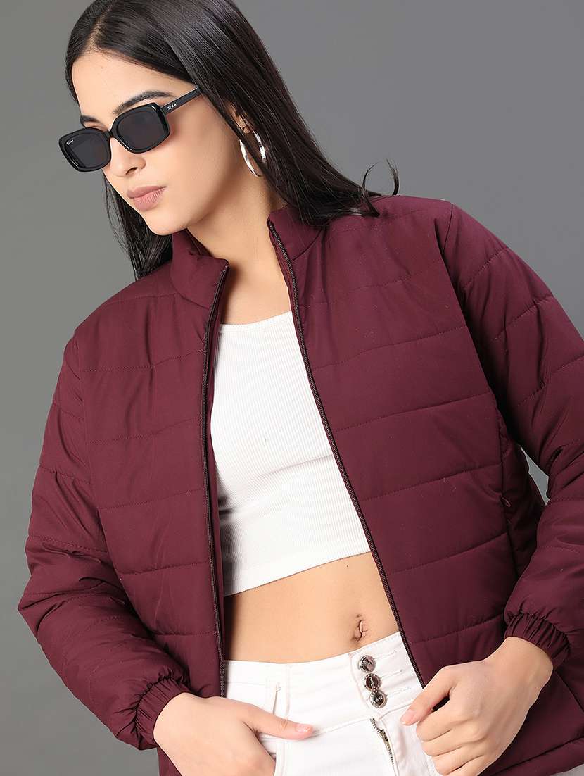 women solid long sleeve quilted jacket