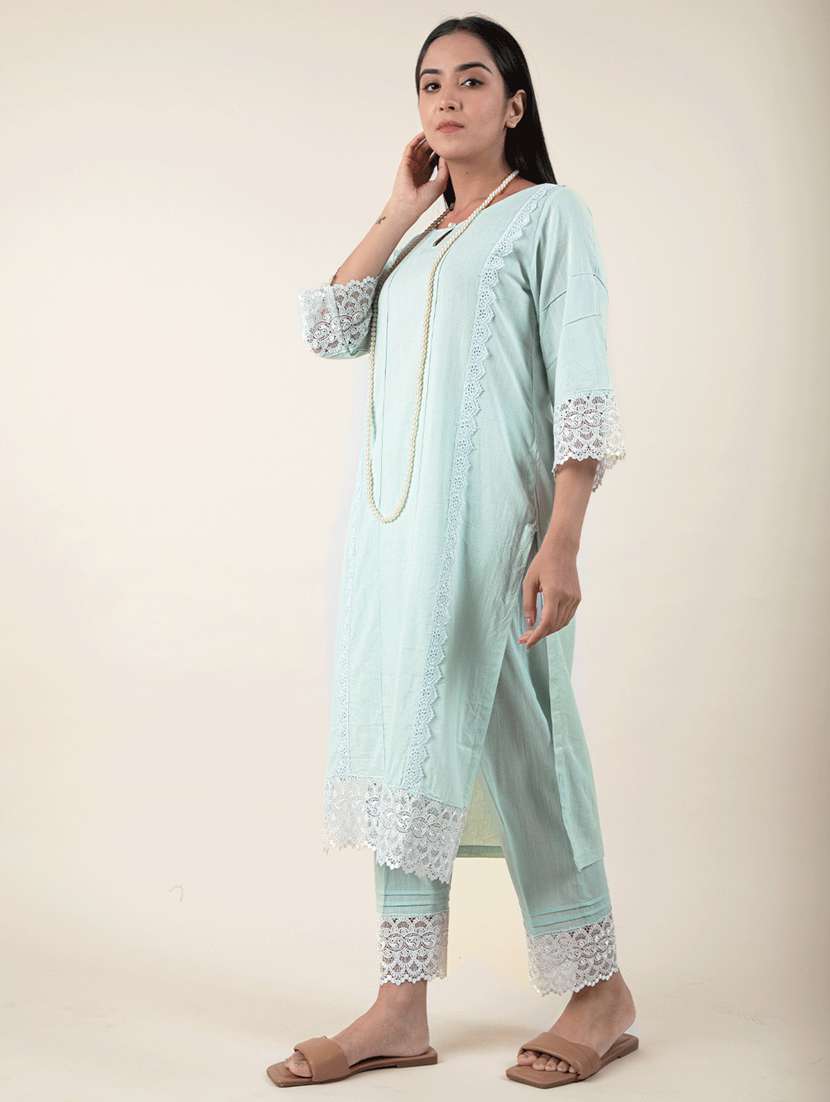 women solid with work three quarter sleeve a-line kurta - 21974924 -  Standard Image - 1