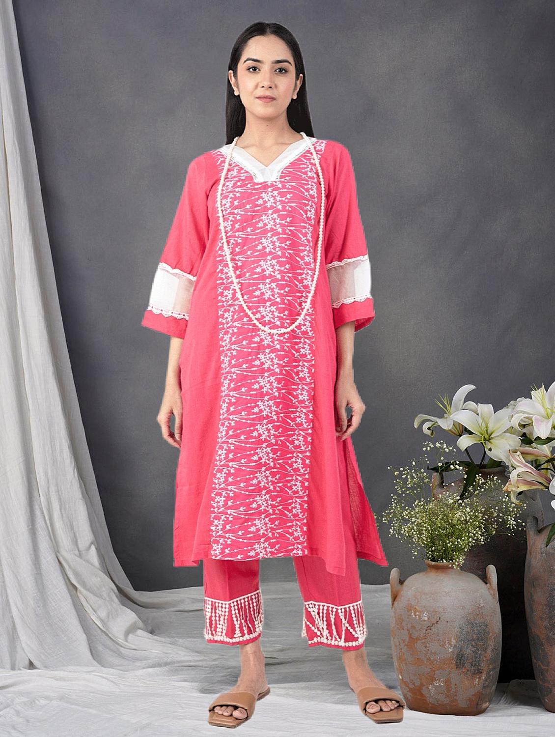 women solid with work three quarter sleeve a-line kurta - 21974925 -  Zoom Image - 0