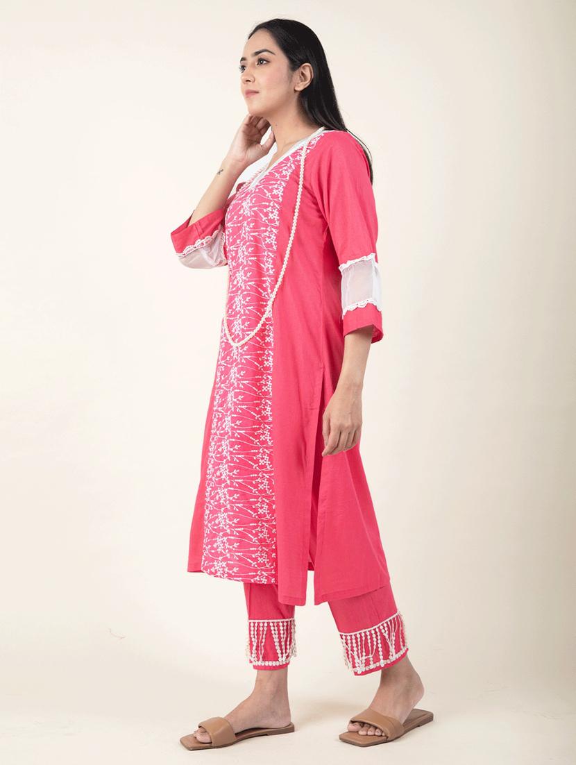 women solid with work three quarter sleeve a-line kurta - 21974925 -  Standard Image - 1
