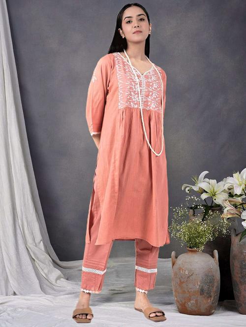 women solid with work three quarter sleeve a-line kurta - 21974926 -  Standard Image - 0