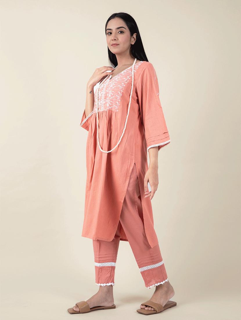 women solid with work three quarter sleeve a-line kurta - 21974926 -  Standard Image - 1