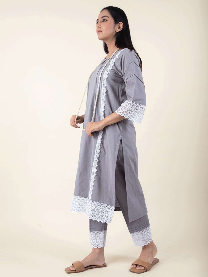 women solid with work three quarter sleeve a-line kurta - 21974932 -  Standard Image - 1