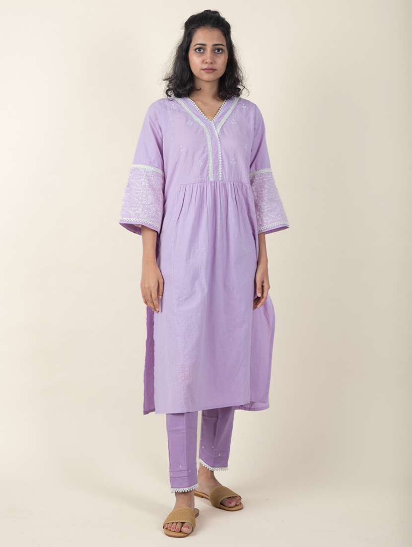women solid with work three quarter sleeve a-line kurta - 21974942 -  Standard Image - 1