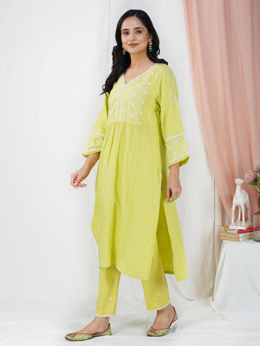 women solid with work three quarter sleeve a-line kurta - 21974943 - Standard Image - 1