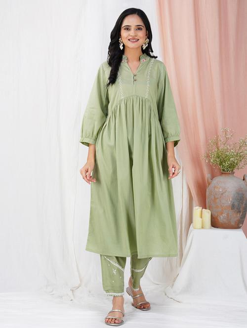 women solid with work three quarter sleeve a-line kurta - 21974945 - Standard Image - 0