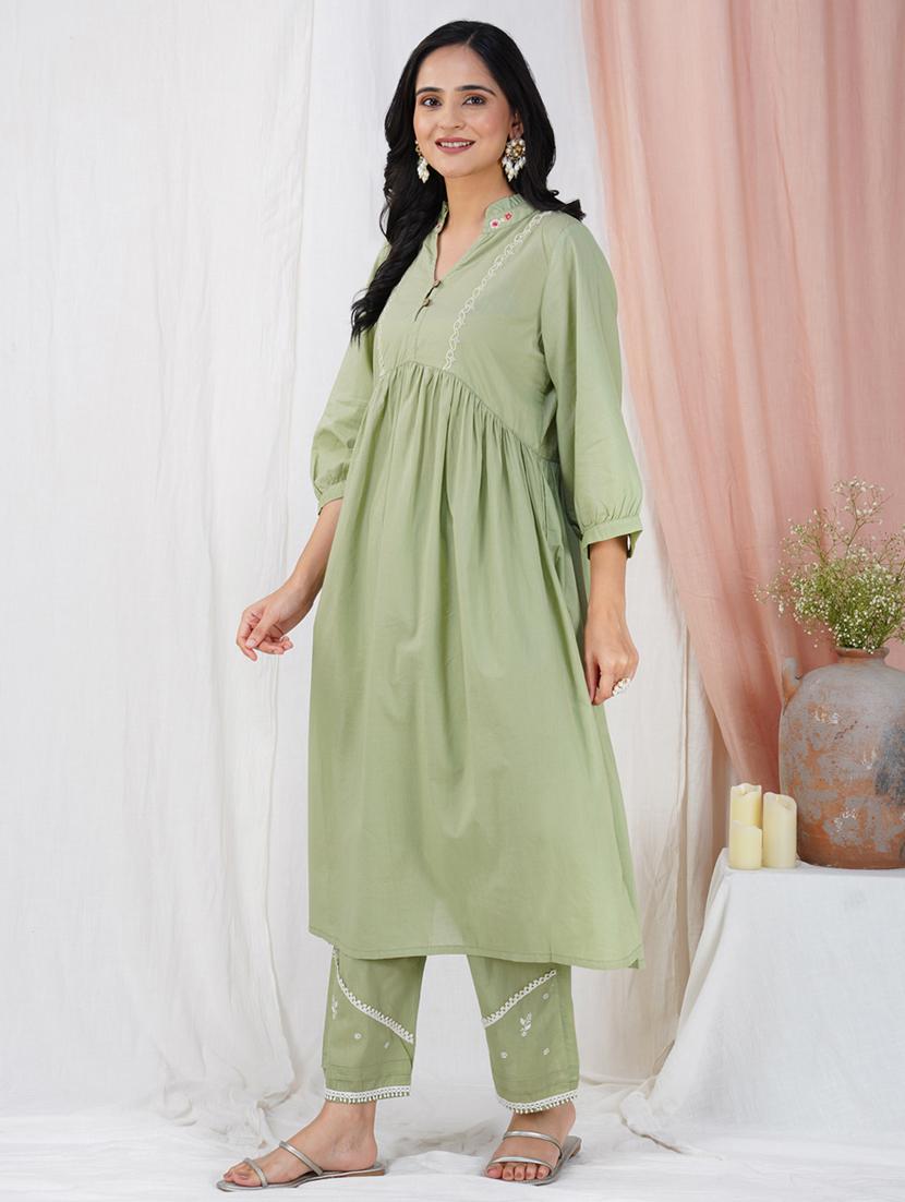 women solid with work three quarter sleeve a-line kurta - 21974945 - Standard Image - 1