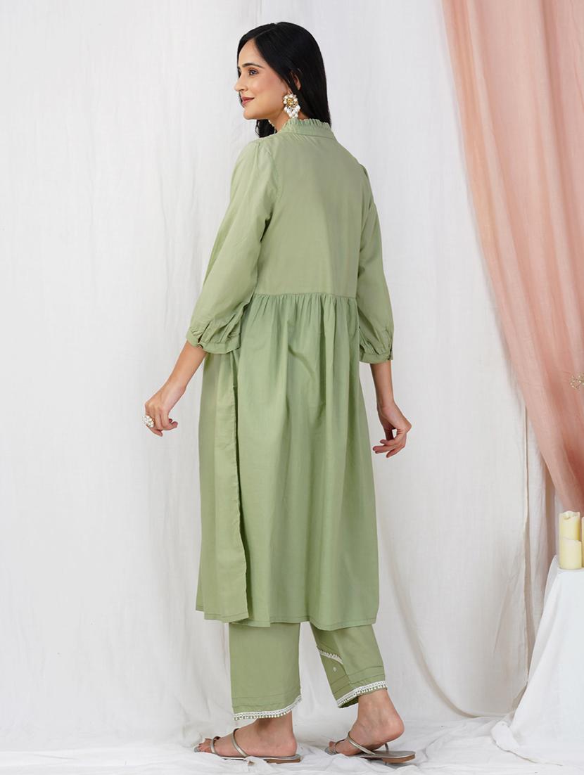 women solid with work three quarter sleeve a-line kurta - 21974945 - Standard Image - 4