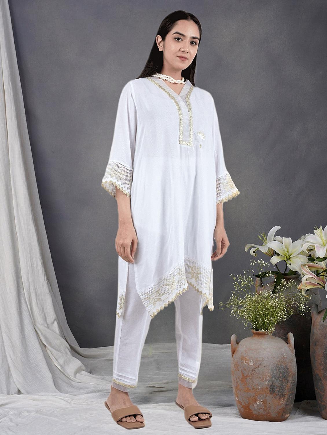 women solid with work three quarter sleeve a-line kurta - 21974946 -  Zoom Image - 0