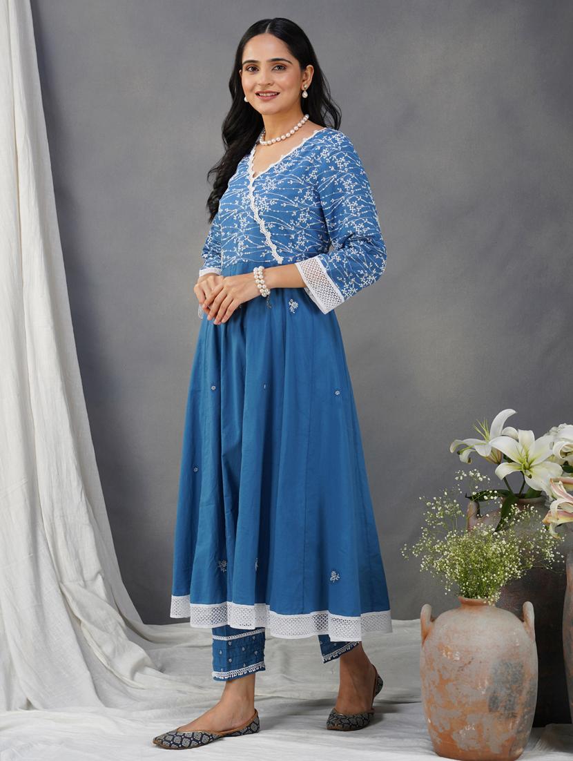 women solid with work three quarter sleeve anarkali kurta - 21974948 -  Standard Image - 1