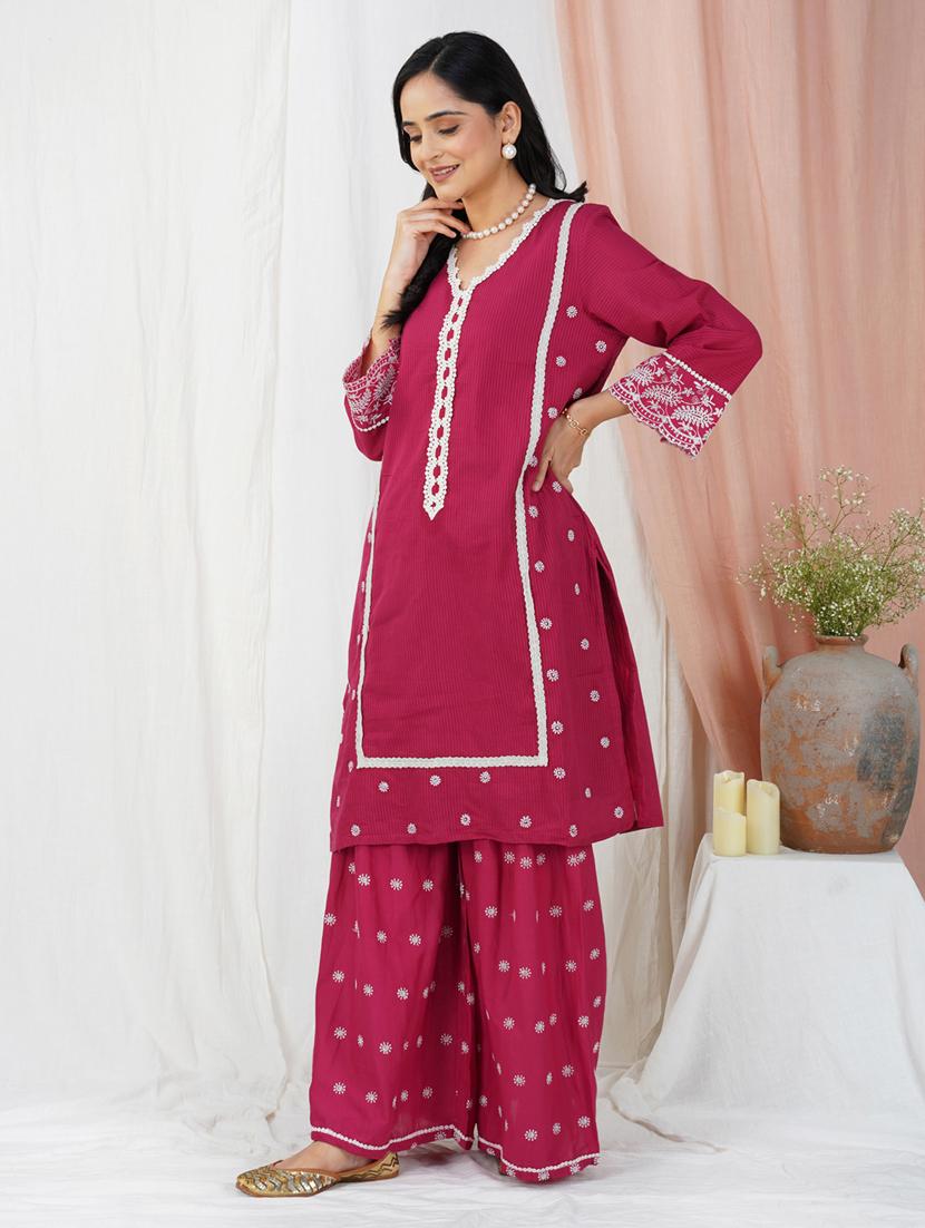 women solid with work three quarter sleeve a-line kurta - 21974950 - Standard Image - 1