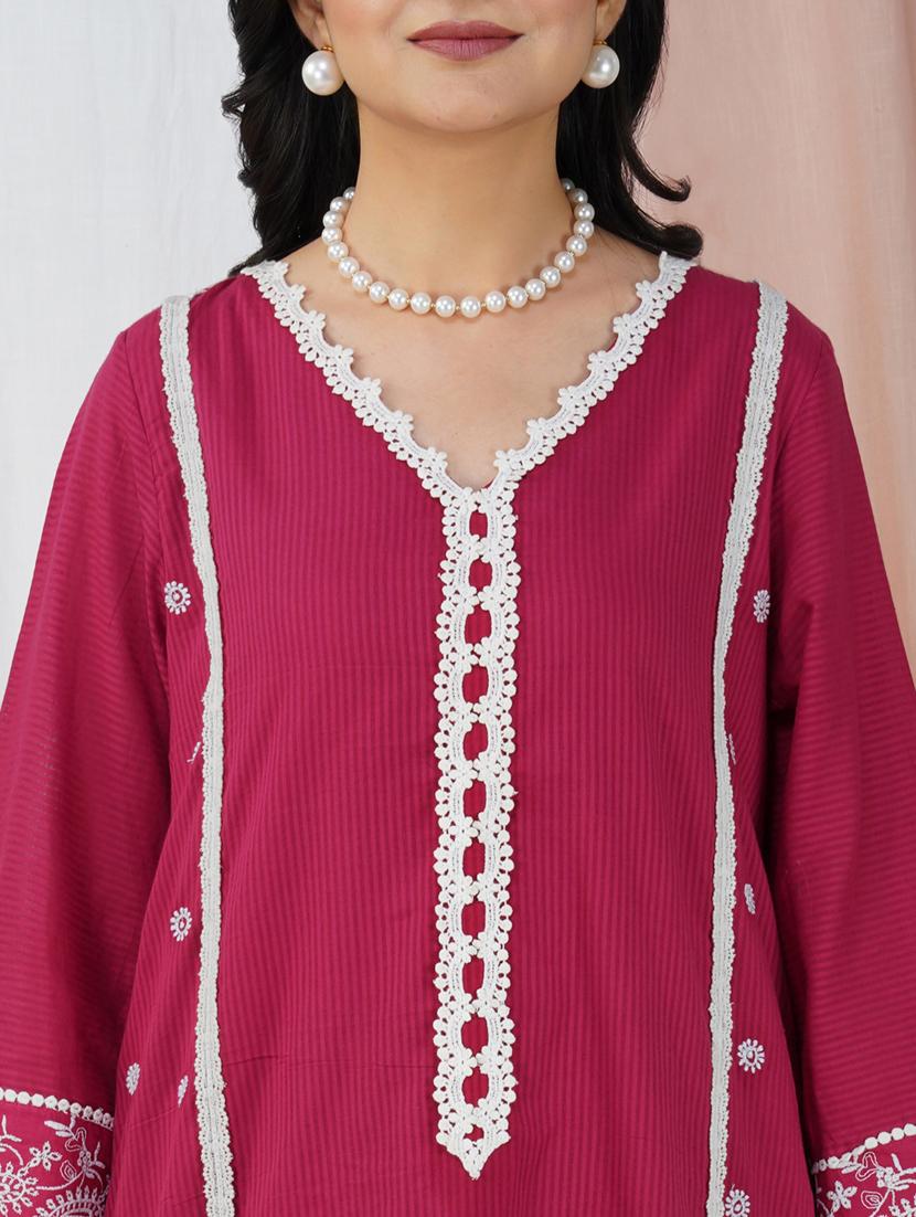 women solid with work three quarter sleeve a-line kurta - 21974950 - Standard Image - 4