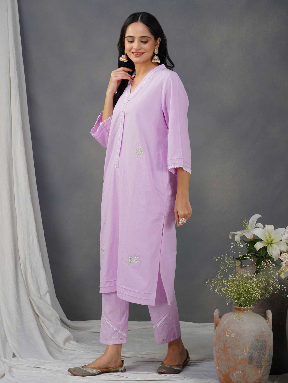 women solid with work three quarter sleeve a-line kurta - 21974952 -  Standard Image - 1