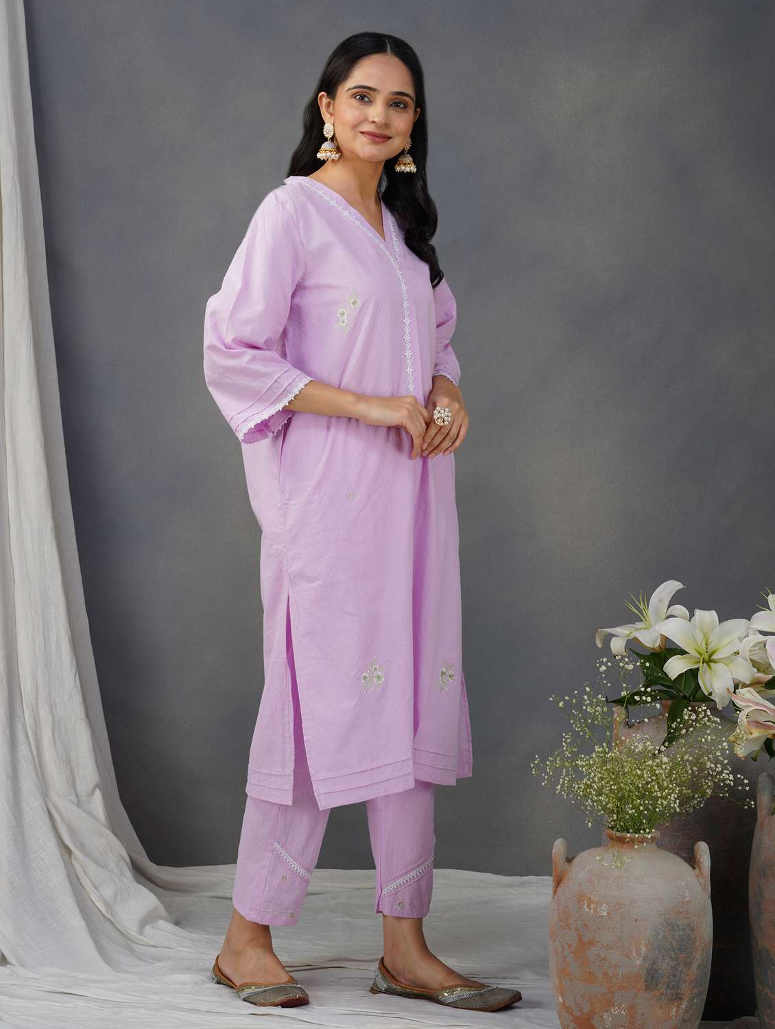 women solid with work three quarter sleeve a-line kurta - 21974952 -  Standard Image - 4