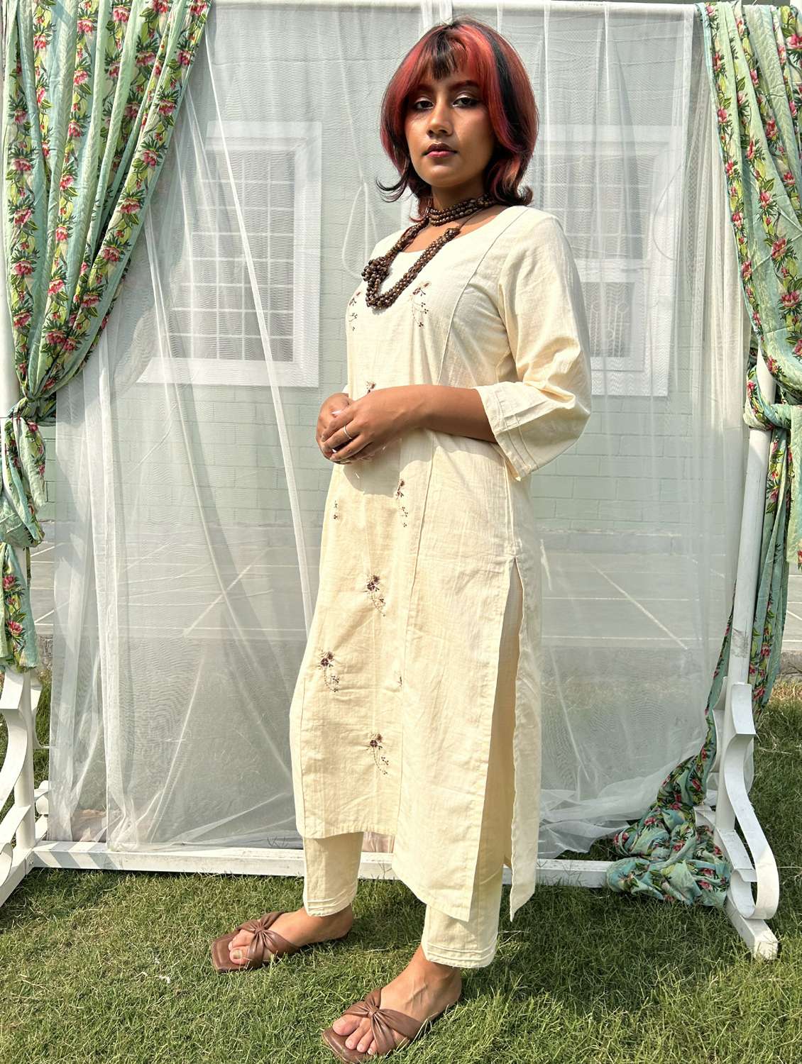 women solid with work three quarter sleeve a-line kurta - 21974953 -  Standard Image - 1