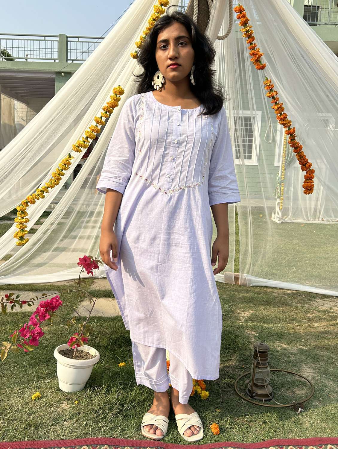 women solid with work three quarter sleeve a-line kurta