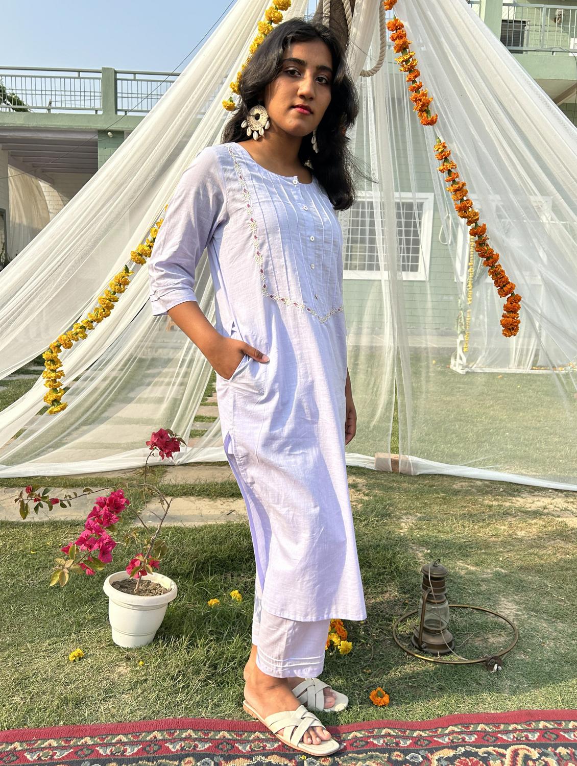 women solid with work three quarter sleeve a-line kurta - 21974954 - Standard Image - 1