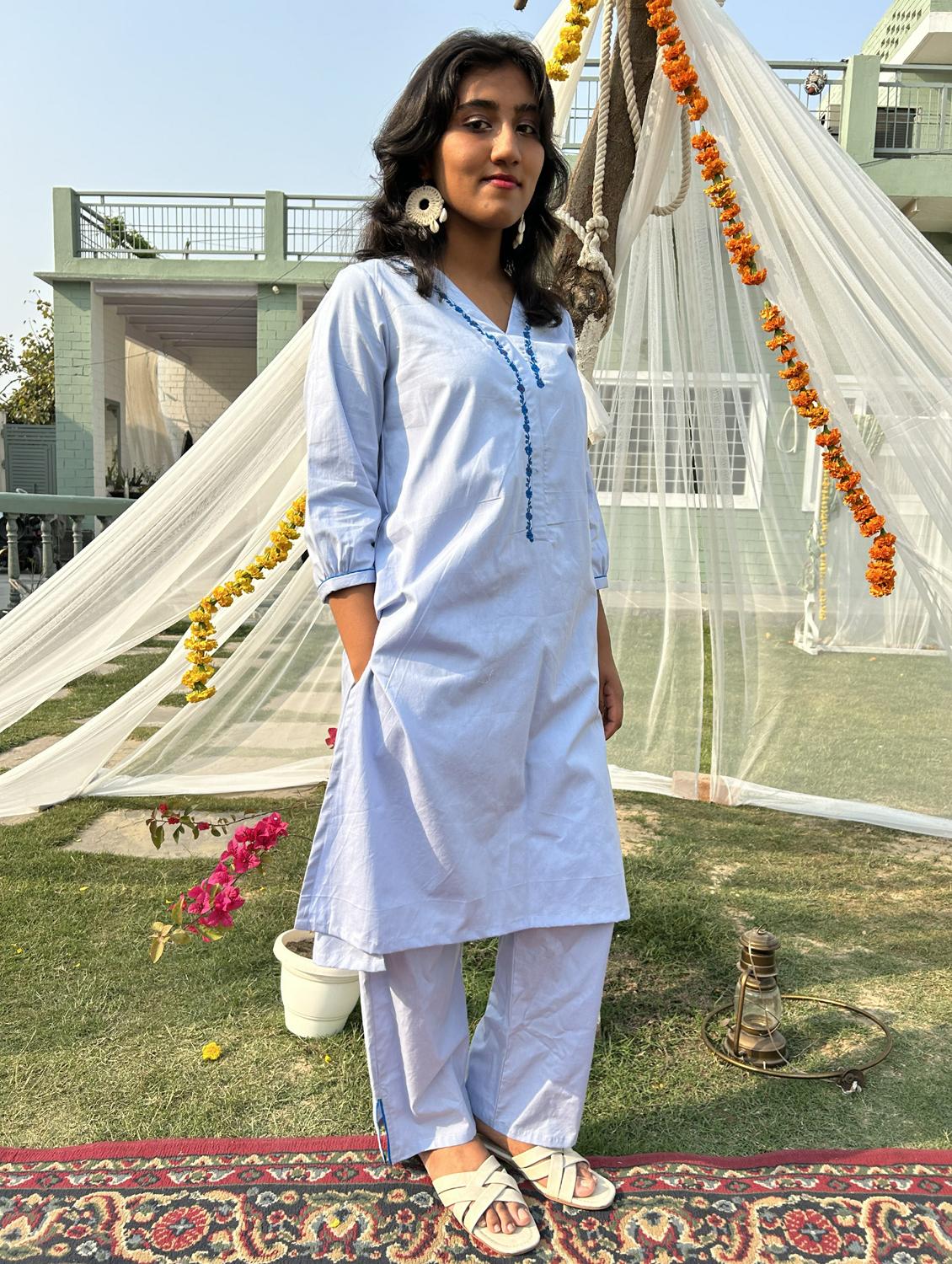 women solid with work three quarter sleeve a-line kurta - 21974955 -  Standard Image - 1