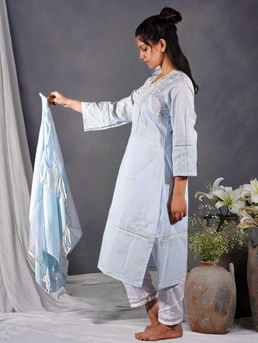 women solid with work three quarter sleeve a-line kurta - 21974957 - Standard Image - 1