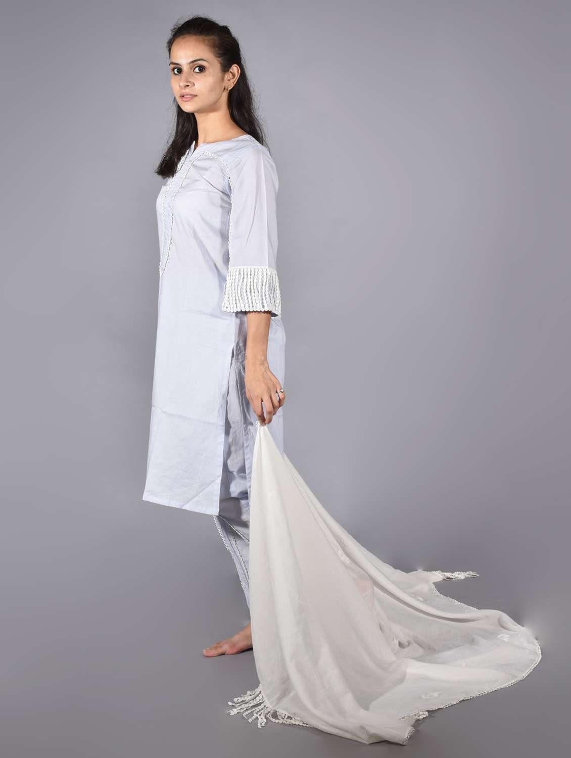 women solid with work three quarter sleeve straight kurta - 21974958 -  Standard Image - 1