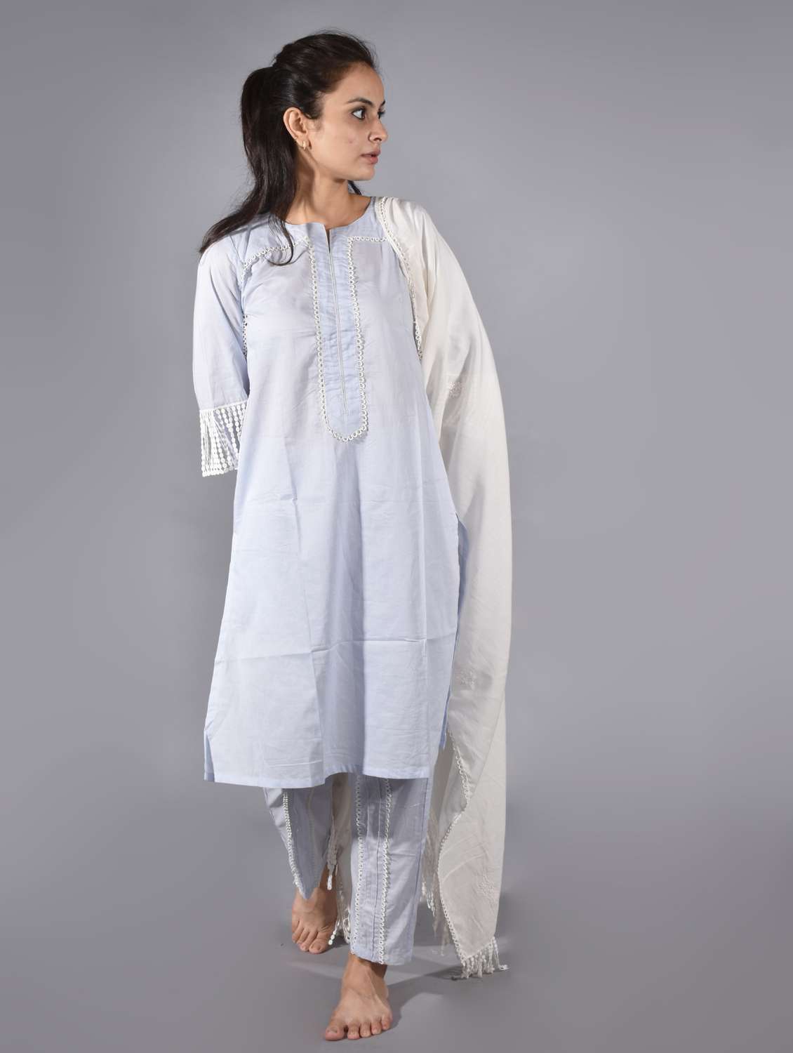 women solid with work three quarter sleeve straight kurta - 21974958 -  Standard Image - 4