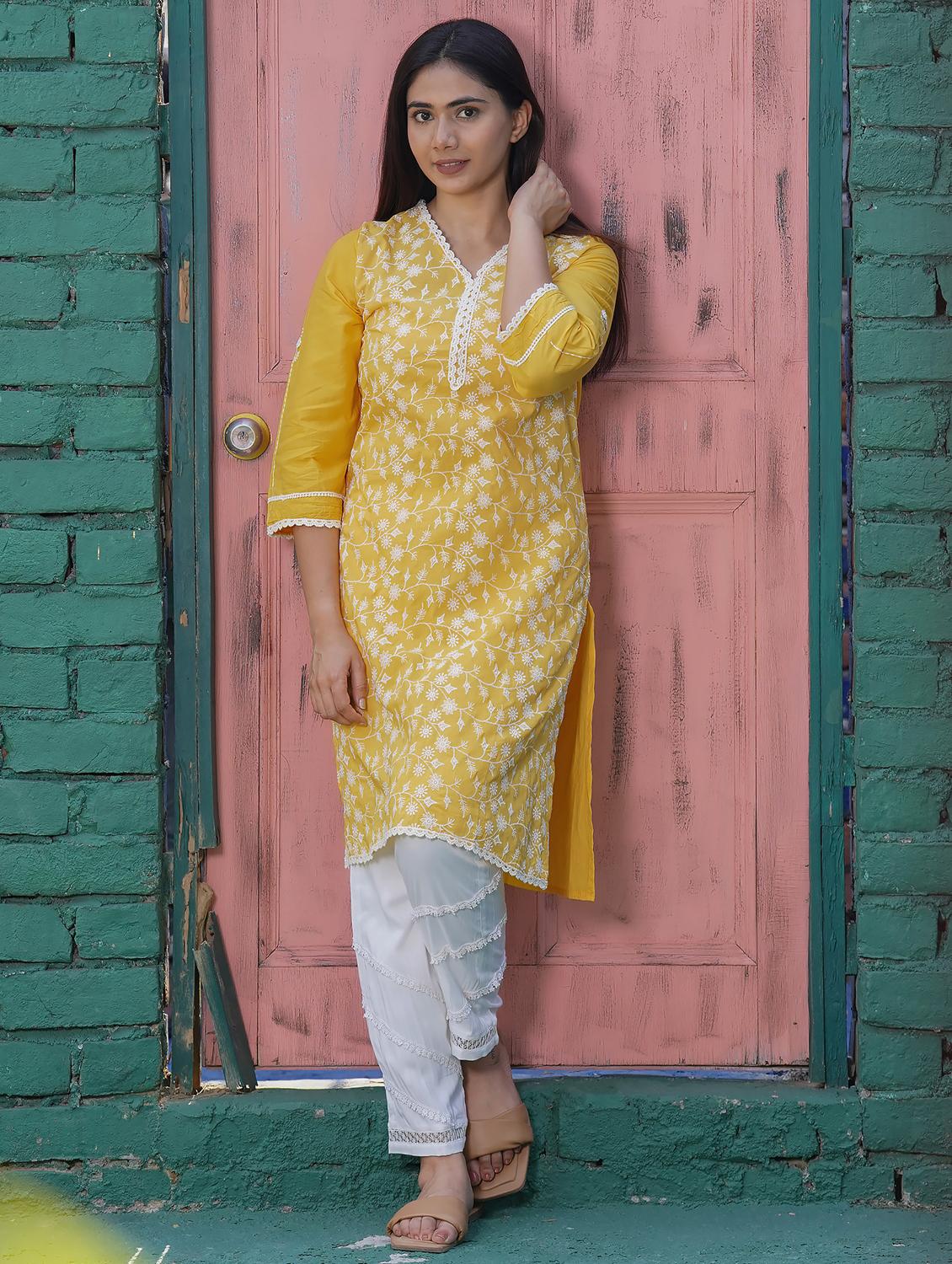 women solid with work three quarter sleeve straight kurta - 21974959 - Zoom Image - 0