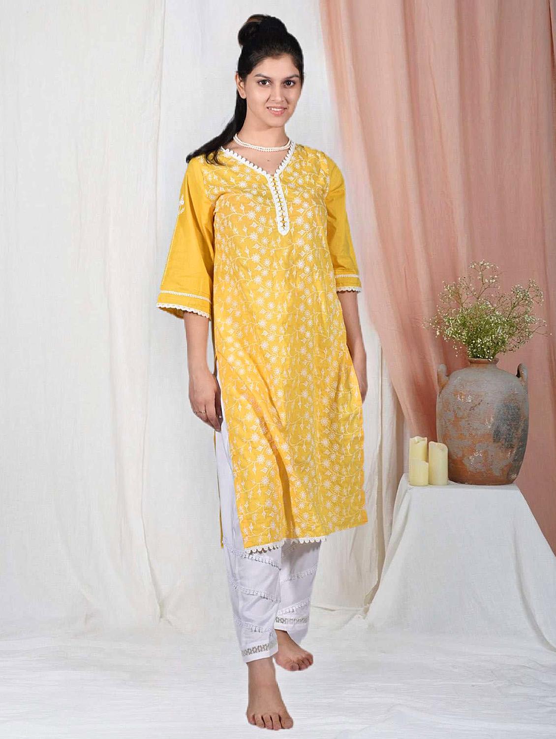 women solid with work three quarter sleeve straight kurta - 21974959 - Standard Image - 1