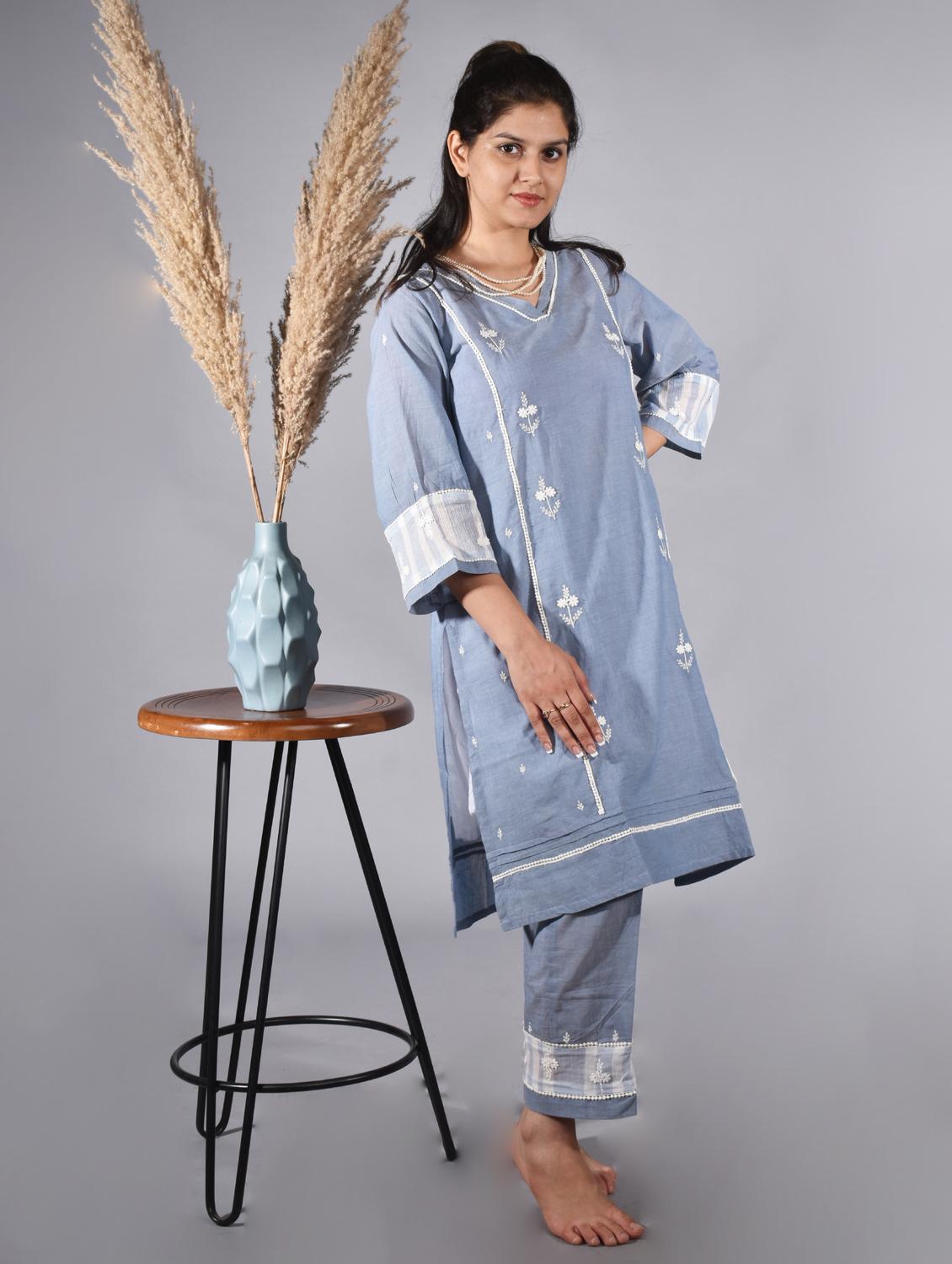 women solid with work three quarter sleeve a-line kurta - 21974961 -  Zoom Image - 0