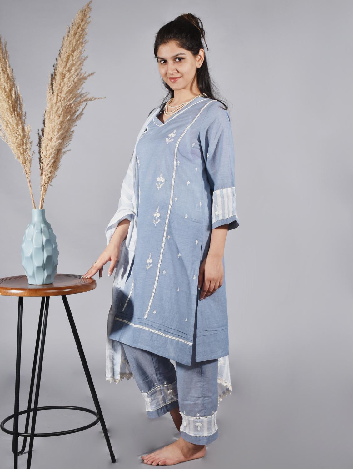 women solid with work three quarter sleeve a-line kurta - 21974961 - Standard Image - 1