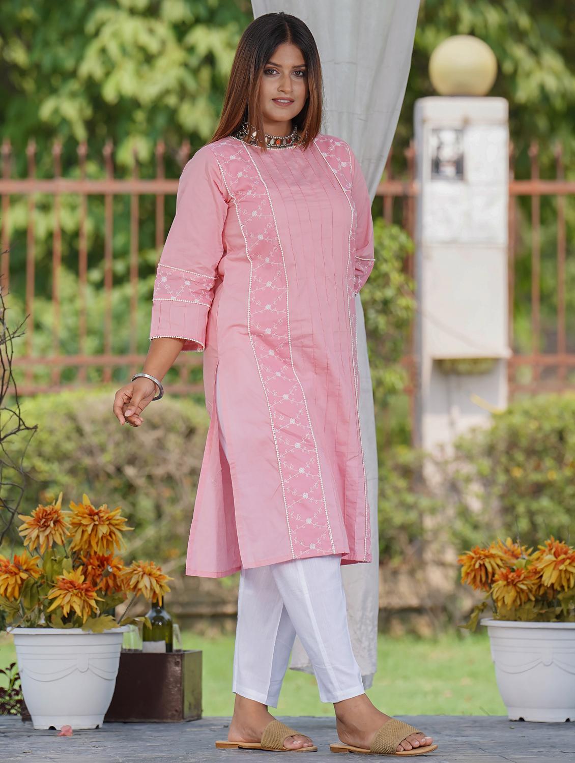 women solid with work three quarter sleeve straight kurta - 21974962 -  Standard Image - 1