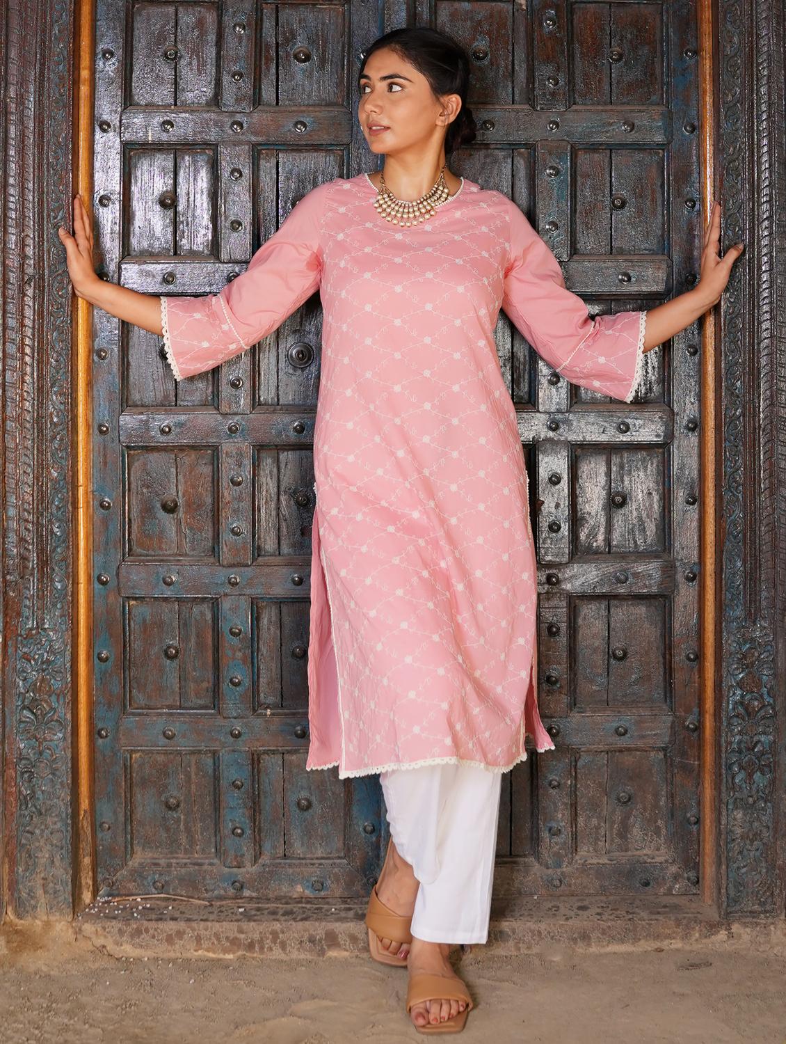 women solid with work three quarter sleeve straight kurta - 21974963 -  Zoom Image - 0