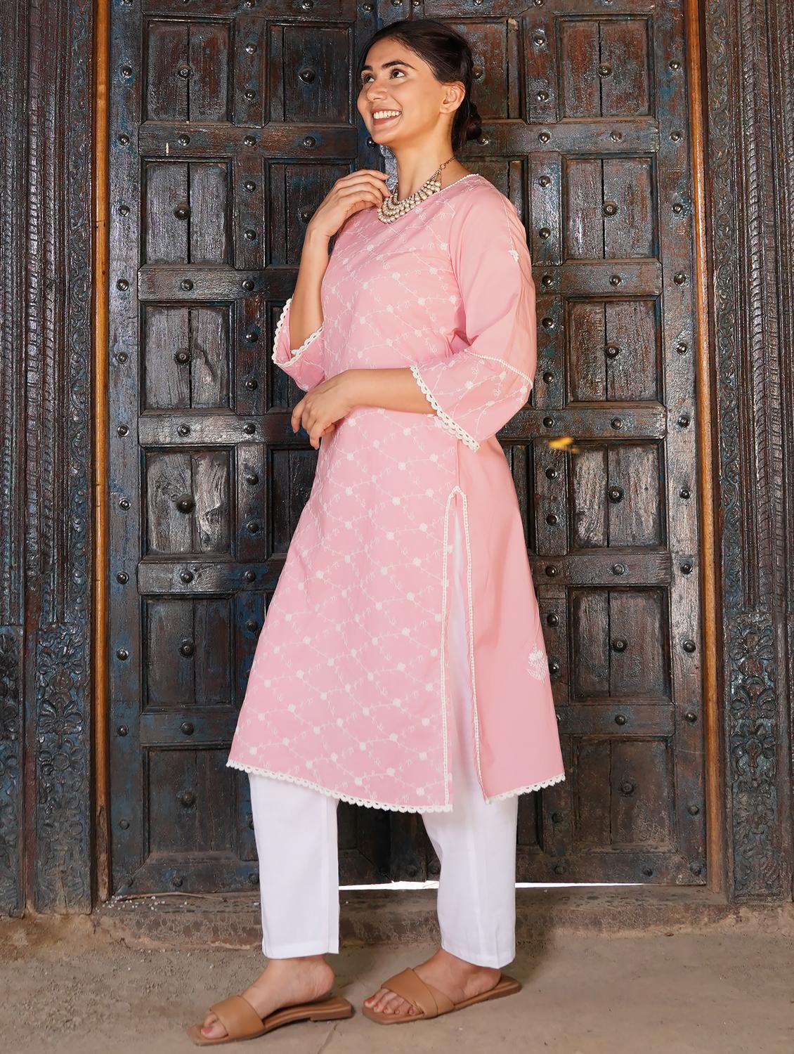 women solid with work three quarter sleeve straight kurta - 21974963 -  Standard Image - 1
