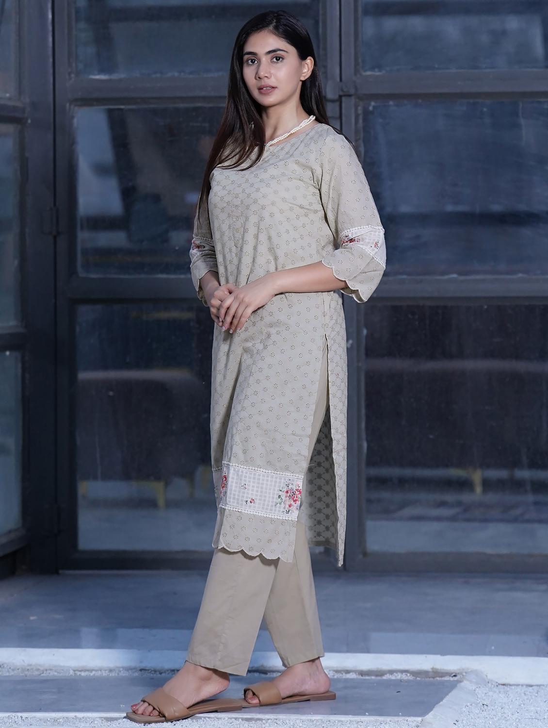 women solid with work three quarter sleeve straight kurta - 21974964 - Standard Image - 1