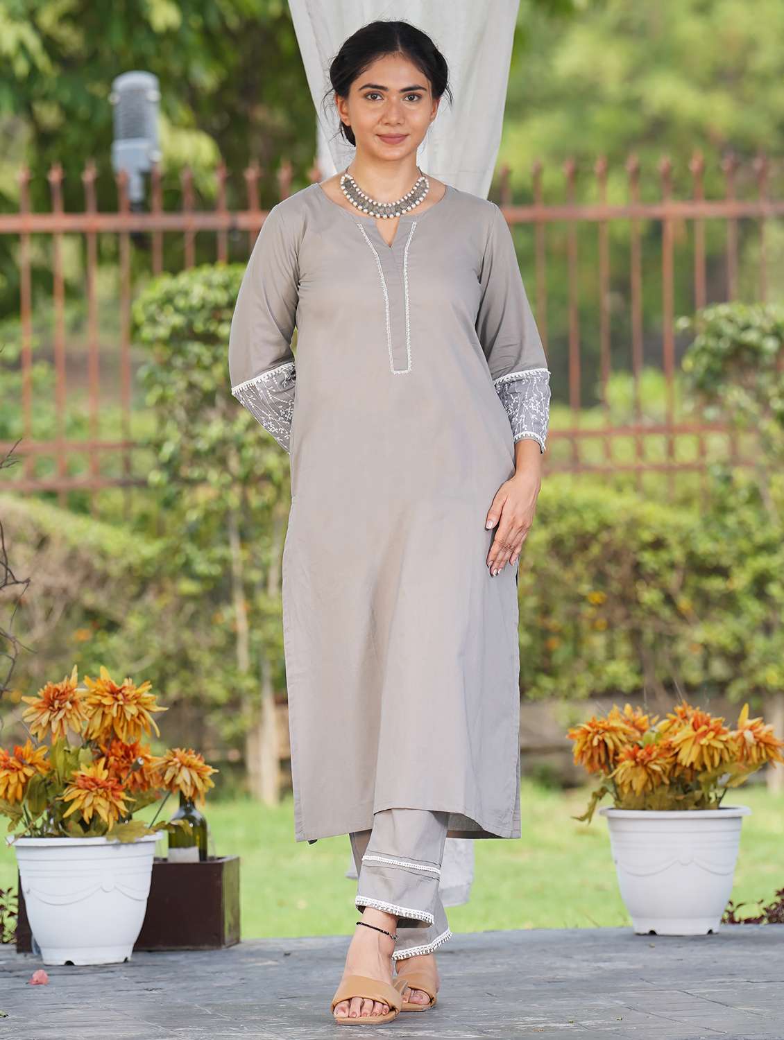 women solid with work three quarter sleeve a-line kurta - 21974965 -  Standard Image - 1