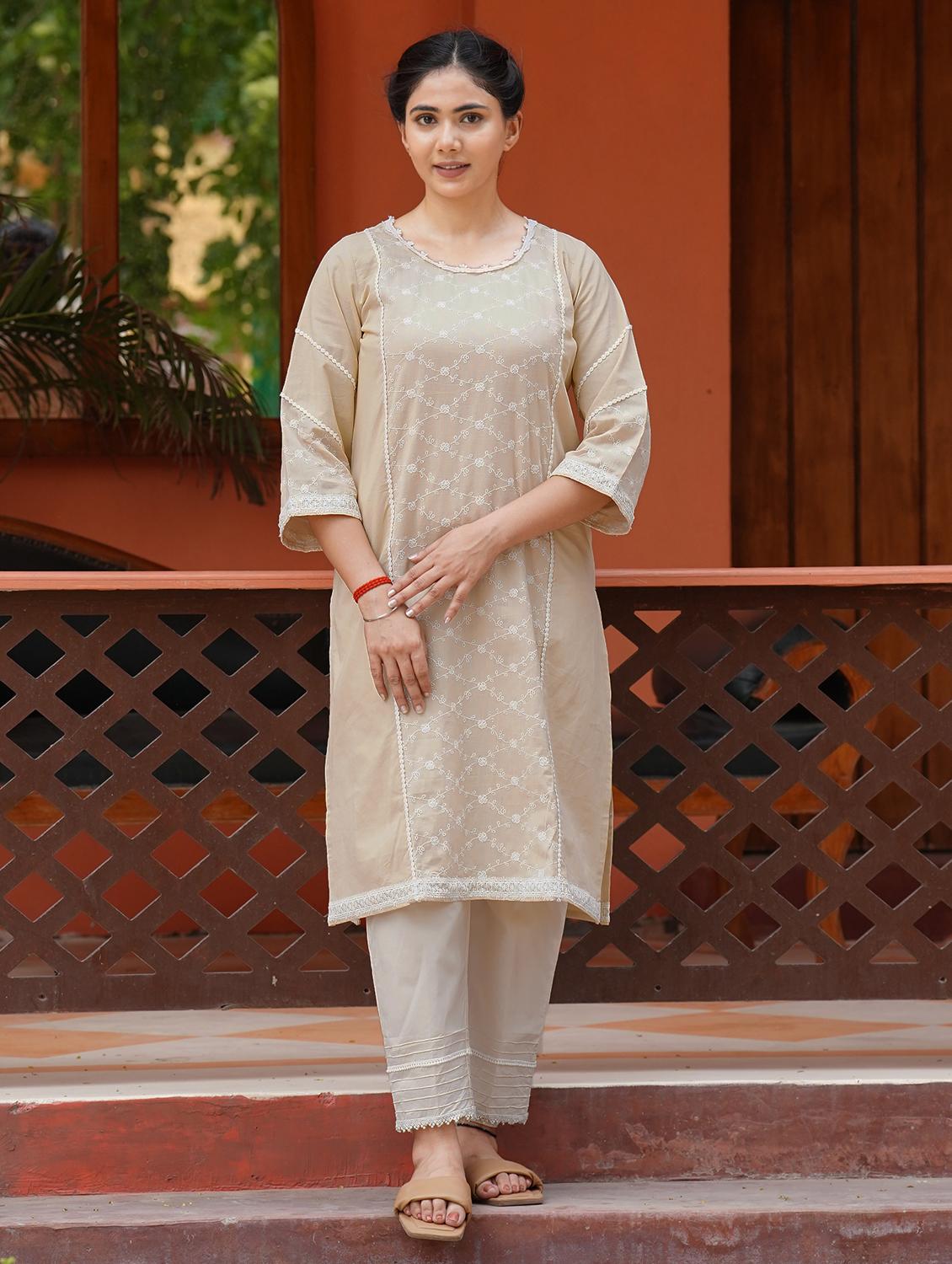 women solid with work three quarter sleeve straight kurta - 21974966 -  Standard Image - 1