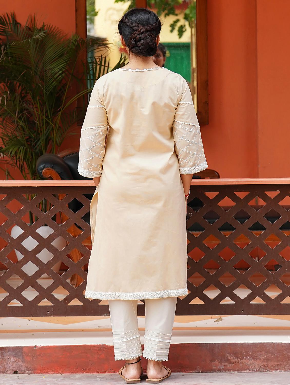 women solid with work three quarter sleeve straight kurta - 21974966 - Standard Image - 4