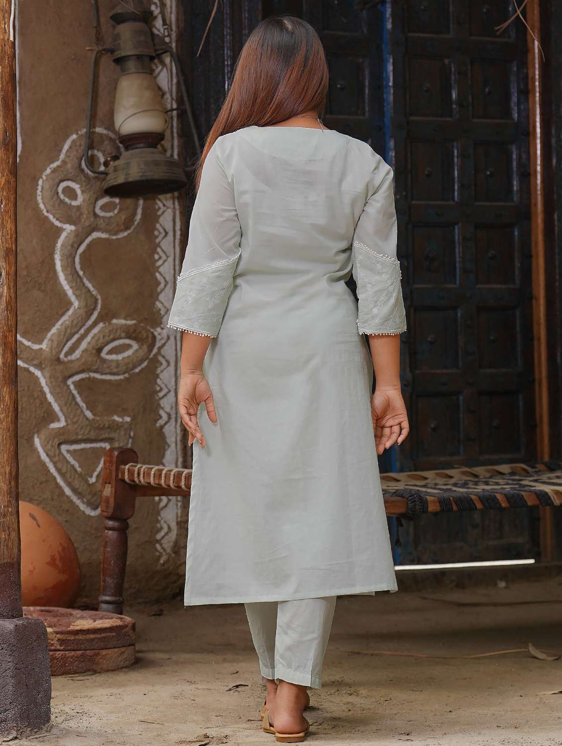 women solid with work three quarter sleeve straight kurta - 21974967 -  Standard Image - 4