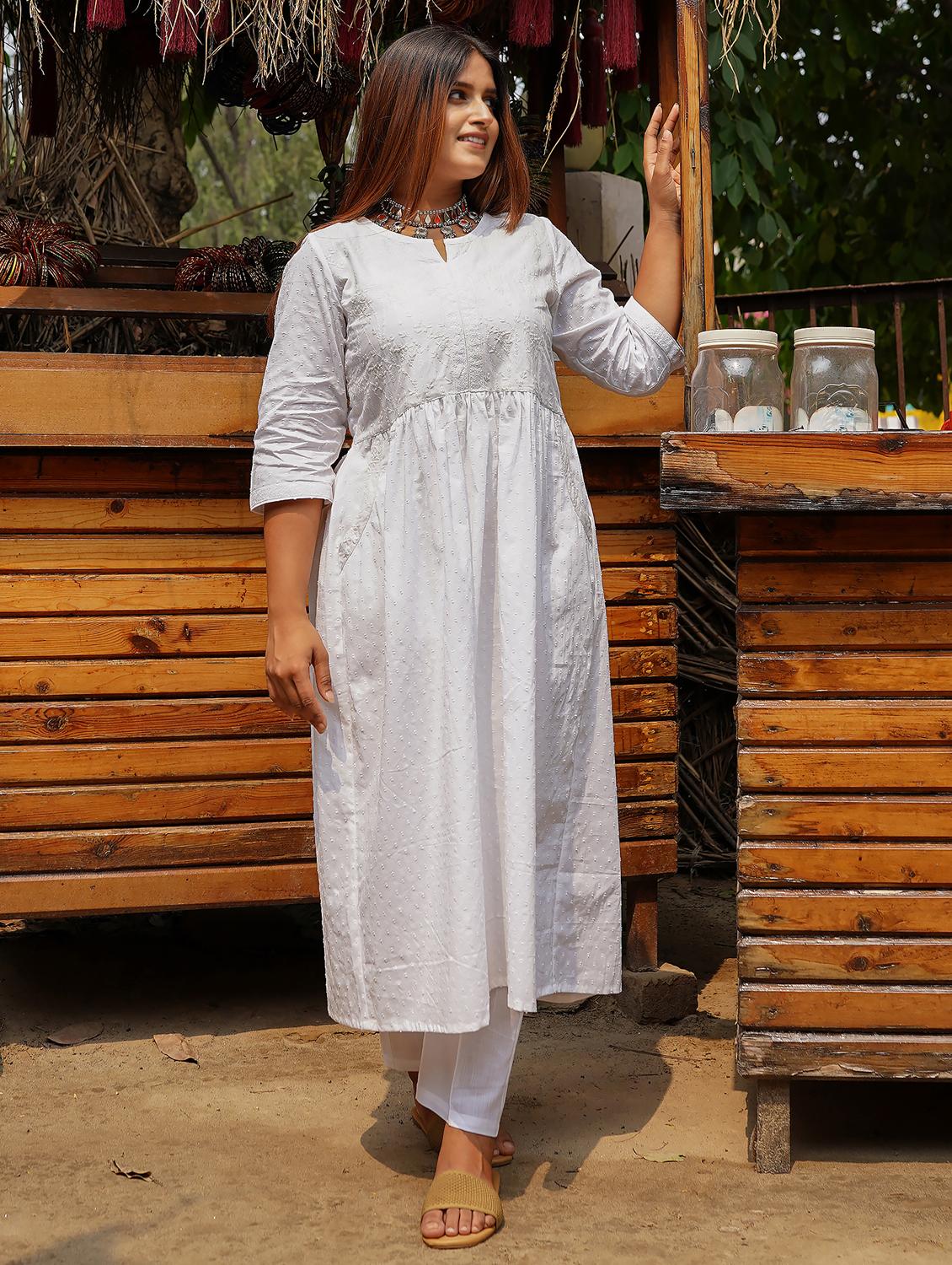 women solid with work three quarter sleeve a-line kurta - 21974968 - Standard Image - 1