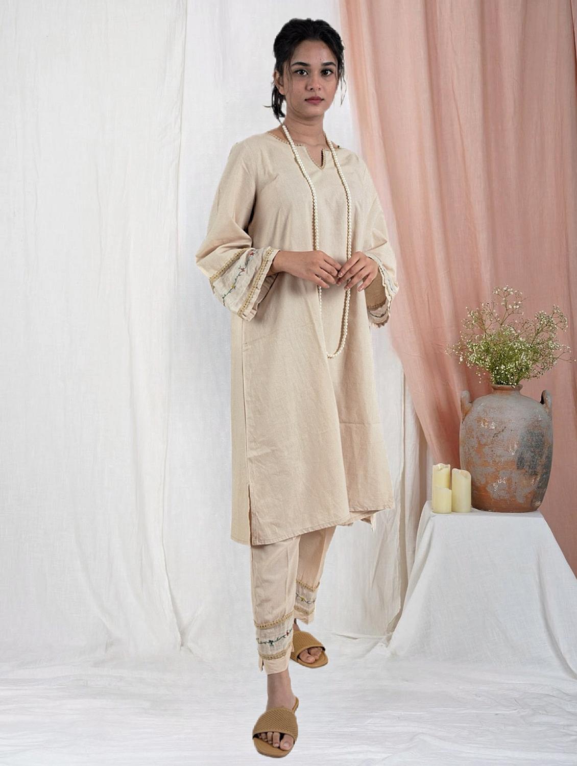 women solid with work long sleeve a-line kurta - 21974972 - Zoom Image - 0