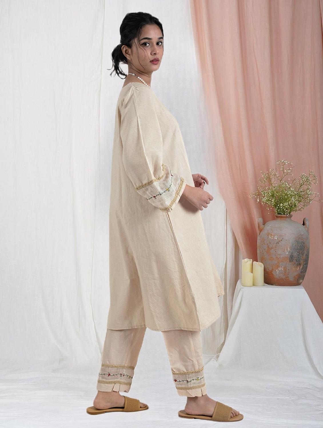 women solid with work long sleeve a-line kurta - 21974972 - Standard Image - 1