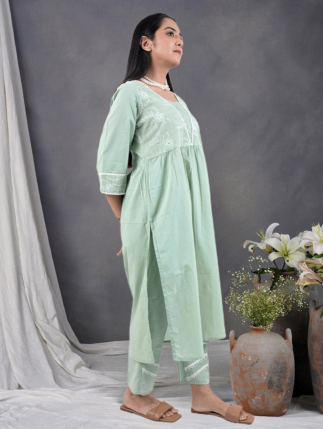 women solid with work three quarter sleeve a-line kurta - 21974973 - Standard Image - 1